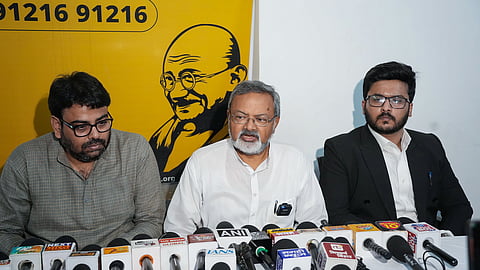 Jan Suraaj Party Bihar state president Manoj Kumar Bharti (C) addresses a press conference regarding the Bankipur Assembly by-election in Patna on Friday, July 17, 2026.