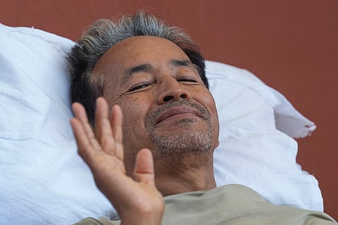  Activist Sonam Wangchuk, who has been on a hunger strike for 19 days, against alleged irregularities in NEET and other examinations, at Jantar Mantar in New Delhi, Thursday, July 16, 2026. 