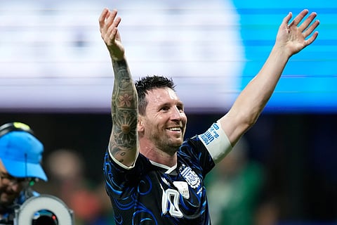 Argentina's Lionel Messi gestures to the fans at the end of the World Cup semifinal soccer match between England and Argentina in Atlanta, Wednesday, July 15, 2026.