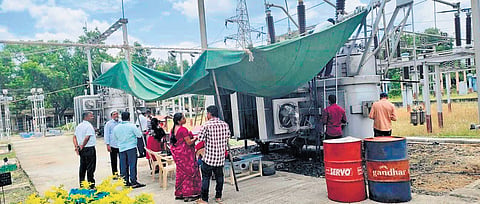 The Vaniyambadi substation being repaired on Friday.