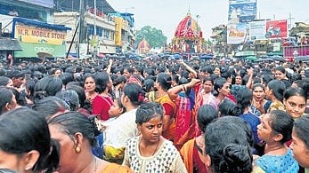 Women devotees pulling the chariot of Devi Subhadra at Baripada on Friday.