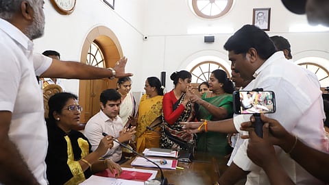 A heated clash erupted between DMK and Congress councillors during the Coimbatore City Municipal Corporations (CCMC) monthly council meeting at Victoria Hall in Coimbatore on Friday.