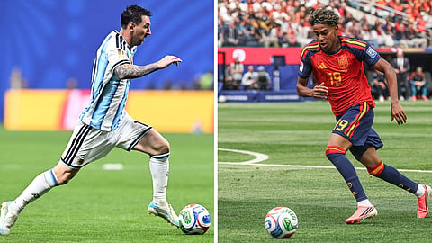 Argentina's Lionel Messi (L) and Spain's Lamine Yamal.