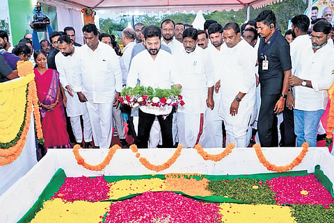 Chief Minister A Revant Reddy at the Ande Sri Smriti Vanam foundation laying ceremony at Ghatkesar in Hyderabad on Saturday 