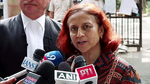 Gitanjali J. Angmo, wife of environmentalist Sonam Wangchuk, speaks to the media.