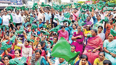 Farmers protest against land acquisition in Bidadi, Byramangala, and Kanchugaranahalli.