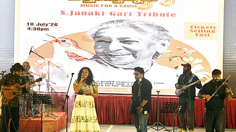 Singers performing during the tribute event Gurtukostunai tp singer S Janaki at Satya sai Nigamagamam in Hyderabad on saturday.