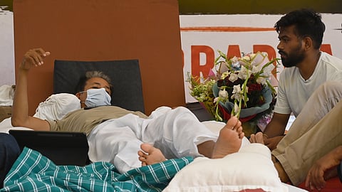 Climate activist Sonam Wangchuk during a protest by Cockroach Janata Party (CJP) demanding Union Education Minister Dharmendra Pradhans resignation.