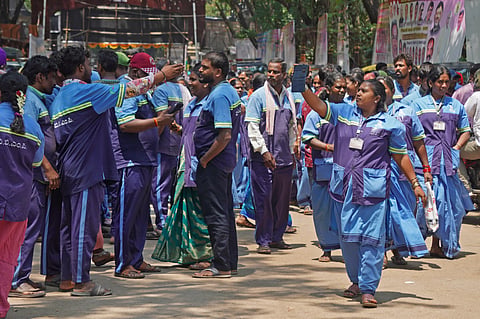Pourakarmikas dance at the 25th anniversary celebration and felicitation ceremony of Karnataka Rajya Nagarapalike, Nagarasabhe, Purasabhegala Pourkarmikara Mahasangha at Palace Grounds in Bengaluru.