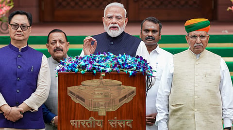 Prime Minister Narendra Modi addresses the media in presence of Union Ministers Kiren Rijiju, Arjun Ram Meghwal, and MoS L Murugan and Jitendra Singh, on the first day of the Monsoon session of Parliament, in New Delhi, Monday, July 20, 2026.