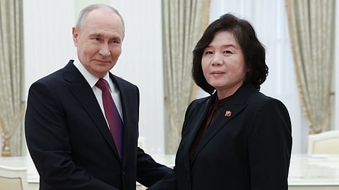 Russian President Vladimir Putin shakes hands with North Korean Foreign Minister Choe Son Hui during their meeting at the Kremlin in Moscow, Sunday, July 19, 2026.