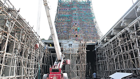 Renovation works at the Veera Vasantharayar Mandapam in the Meenakshi Sundareswarar Temple in Madurai district; 