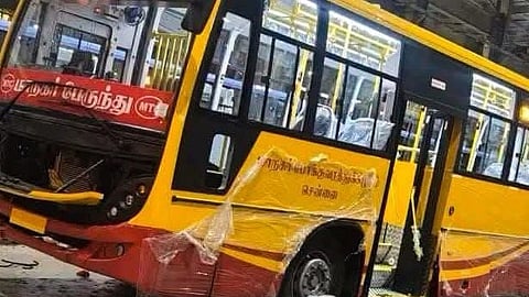 A photo of a mini bus in yellow and red being cirrculated on social media. 