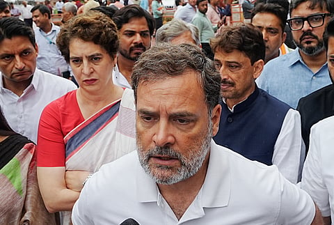 Leader of Opposition in the Lok Sabha Rahul Gandhi addresses media as Congress MP Priyanka Gandhi Vadra looks on during the Monsoon session of Parliament, in New Delhi, Tuesday, July 21, 2026.