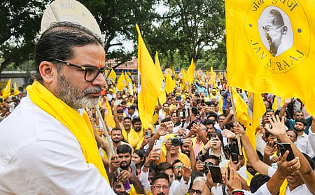 Jan Suraaj Party founder Prashant Kishor leads a rally before filing his nomination for the Bankipur Assembly by-election, in Patna, Bihar. 