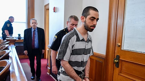 Hadi Matar walks in to the Chautauqua County court in Mayville, N.Y., May 16, 2025.