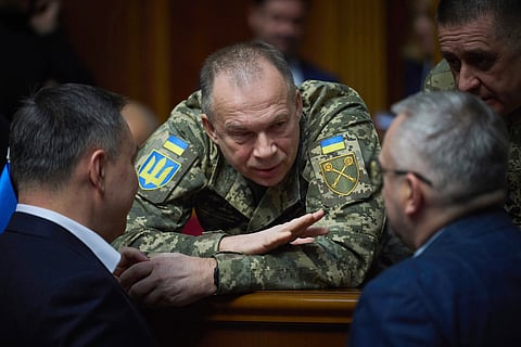 In this photo provided by the Press Service Of The President Of Ukraine on Nov. 19, 2024, Gen. Oleksandr Syrskyi speaks to parliamentarians at Verkhovna Rada in Kyiv, Ukraine.