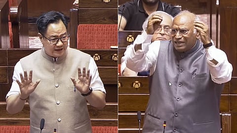 Union Minister of Parliamentary Affairs Kiren Rijiju (left) and Leader of Opposition in the Rajya Sabha Mallikarjun Kharge speak in the Upper House during the Monsoon session of Parliament in New Delhi, Wednesday, July 22, 2026.