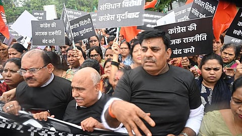 The ruling BJP staged a protest outside the Madhya Pradesh Congress headquarters in Bhopal on Wednesday.