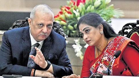 Home Minister Vangalapudi Anitha and DGP Harish Kumar Gupta at the Future Ready AP Police Retreat-2026 in Vijayawada on Tuesday.