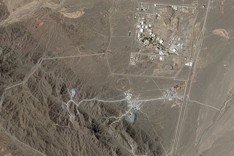 This June 15, 2026, photo from Planet Labs PBC shows Iran's Natanz nuclear enrichment facility, upper right, and the under-construction Pickaxe Mountain directly to the south of it.