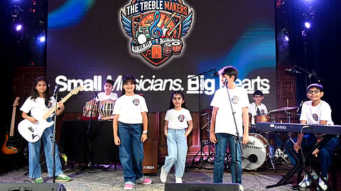 The Treble Makers on stage; (L–R) Saanvi Alung, Abeer Raj Kohli, Sharika Nehru, Samaira Dhawan, Ayaansh K. Jain, Sreehan Dhawan and Nirvaan Nehru