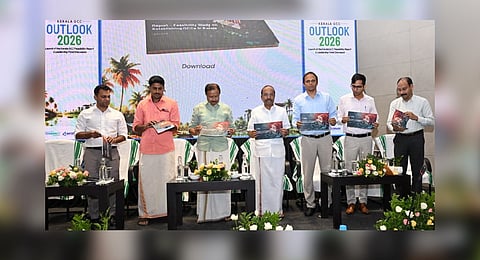 Industries Minister P K Kunhalikutty, MLA V Muraleedharan, IT Secretary Sambasiva Rao, Technopark CEO Sandip Kumar, corporation councillor Sunil S S, Infopark CEO Susanth Kurunthil, CEO, Infoparks Kerala, and GTECH secretary Rony Sebastian at the release of ‘Kerala GCC Outlook 2026’ 
