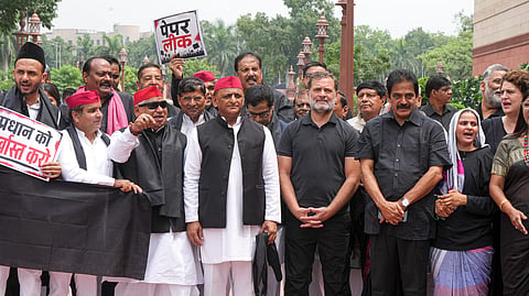 Leader of Opposition in Lok Sabha Rahul Gandhi, Congress MPs KC Venugopal and Priyanka Gandhi Vadra, Samajwadi Party (SP) MPs Akhilesh Yadav, Dharmendra Yadav and Awadhesh Prasad and other opposition leaders stage a protest wearing black clothes to express solidarity with students protesting against the NEET paper leak issue, during the Monsoon session of Parliament, in New Delhi, Wednesday, July 22, 2026. 