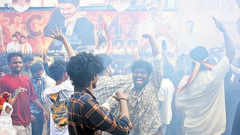 Fans celebrating the release of CM Vijay’s Jana Nayagan by bursting firecrackers in front of Rohini Theatre in Koyambedu, Chennai, on Thursday 