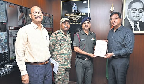 Senior Defence officials submit a representation to HYDRAA Commissioner AV Ranganath at the agency’s office on Thursday, July 23, 2026.