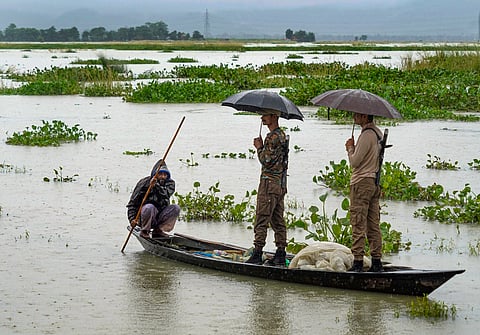 Forest guards patrol the flood-submerged Pobitora Wildlife Sanctuary in a country boat, in Morigaon district, Assam, Wednesday, July 22, 2026.