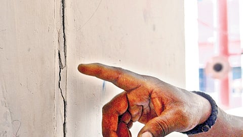 The signs of structural damage are evident at the Urban Habitat Development Board housing units in Vyasarpadi 