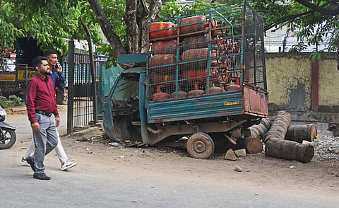 A goods carrier abandoned on Jasam Devi Bhavan Road on Wednesday.