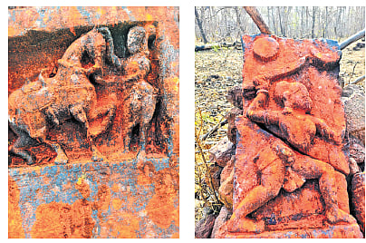 From left: Middle panel of the second hero stone shows a warrior affectionately stroking his war horse; upper panel portrays a warrior fighting with a sword