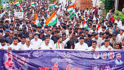 Chief Minister A Revanth Reddy leads a protest rally in Kodangal