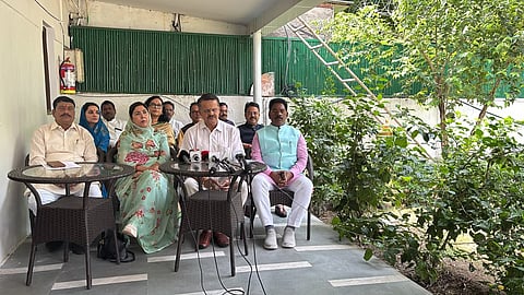 Senior BJP MP Bhartruhari Mahtab addressing a press meet at his New delhi residence in the presences of other MPs from Odisha.