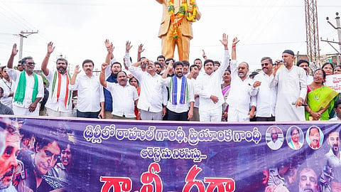 Protesting against the Centre's action on Rahul Gandhi, Priyanka Gandhi and students during the Delhi demonstration, Telangana CM Revanth Reddy led a Congress rally from his residence to Ambedkar Chowrasta in Kodangal.