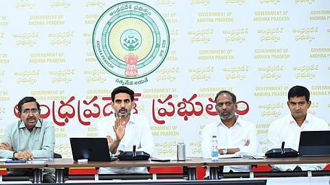 Group of ministers comprising Kandula Durgesh, P Narayana, Nara Lokesh, Gottipati Ravikumar and Kondapalli Srinivas during meeting on creation of 20 lakh jobs on Thursday.