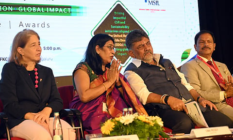 CM DK Shivakumar, FKCCI  president Uma Reddy and others at the inaugural session of FKCCI Global CSR and Susatainability Summit 2026 in Bengaluru on Thursday.