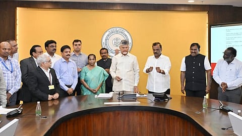 CM Nara Chandrababu Naidu during the launch of Mee Bhoomi - Block Chain pilot project at Secretariat on Thursday. 
