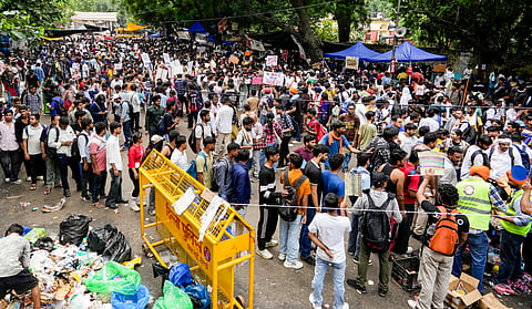 Protesters gather at Jantar Mantar during the ongoing protest over the alleged NEET-UG examination irregularities, in New Delhi, Thursday, July 23, 2026. 