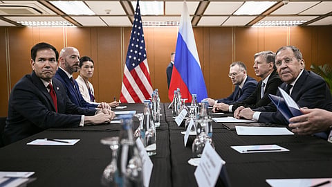U.S. Secretary of State Marco Rubio, left, attends a meeting with Russia's Foreign Minister Sergey Lavrov, right, on the sidelines of ASEAN Foreign Ministers Meeting in Pasay, Metro Manila on Thursday, July 23, 2026.