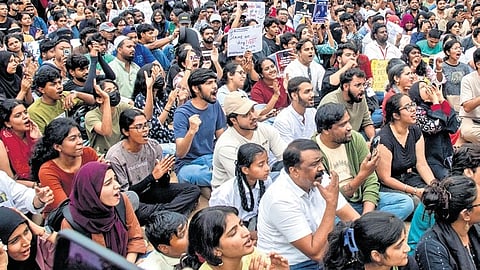 Students in large number protest against the NEET irregularities at Freedom Park in Bengaluru on Thursday.