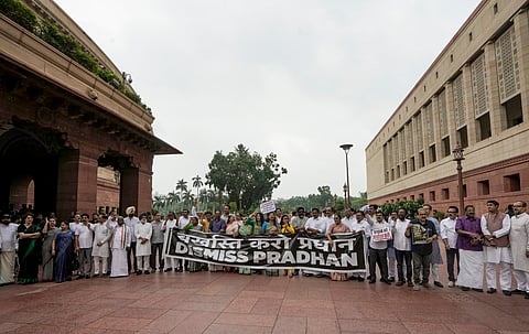 Congress MP Priyanka Gandhi Vadra, TMC MPs Sagarika Ghose, Mahua Moitra, JMM MP Mahua Maji, RJD MP Manoj Kumar Jha and other opposition leaders stage a protest at the assembly premises.