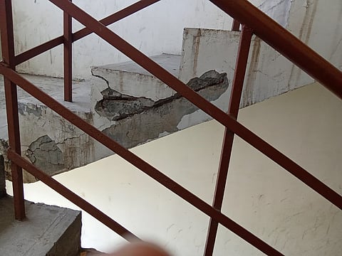 The signs of structural damage are evident at the Urban Habitat Development Board housing units in Vyasarpadi 
