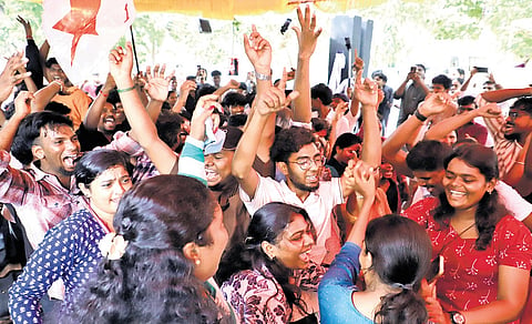 Protesters in Egmore celebrating after Pradhan’s resignation;
