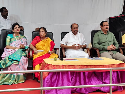 Pattali Makkal Katchi (PMK) founder Dr. S Ramadoss along with his family on his 88th birthday celebrations held at Saraswathi College in Konerikuppam near Tindivanam