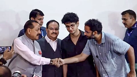 Union Minister JP Nadda with MoS Jitendra Singh and CJP spokespersons Saurav Das and Ashutosh Ranka during a joint press conference after Education Minister Dharmendra Pradhan resigned from the Union Cabinet at the Constitution Club of India in New Delhi, Saturday, July 25, 2026.