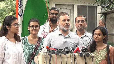 Rahul Gandhi addressing the media after meeting a group of students at his residence in New Delhi.