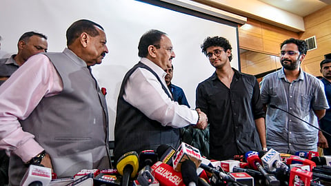 Union Minister JP Nadda and MoS Jitendra Singh with CJP Spokespersons Saurav Das and Ashutosh Ranka, during a joint press conference after Education Minister Dharmendra Pradhan resigned from the Union Cabinet on Saturday